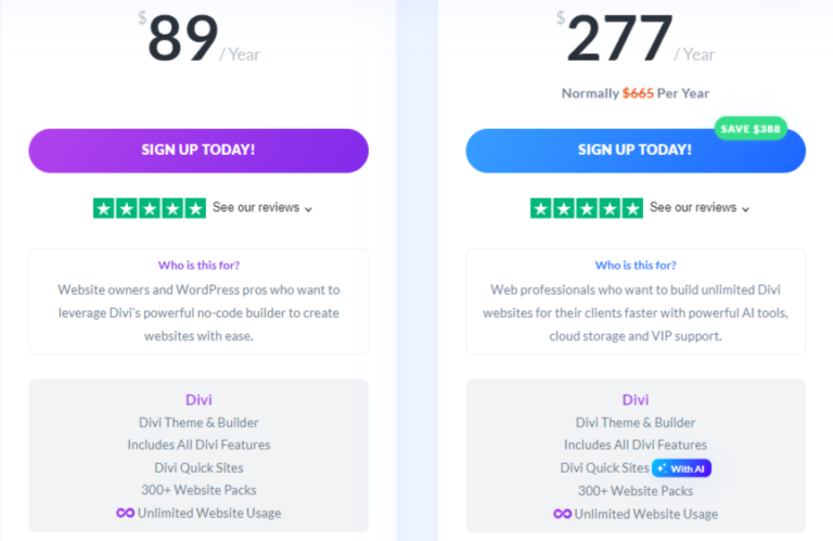 divi pricing table - divi plan and divi pro plan