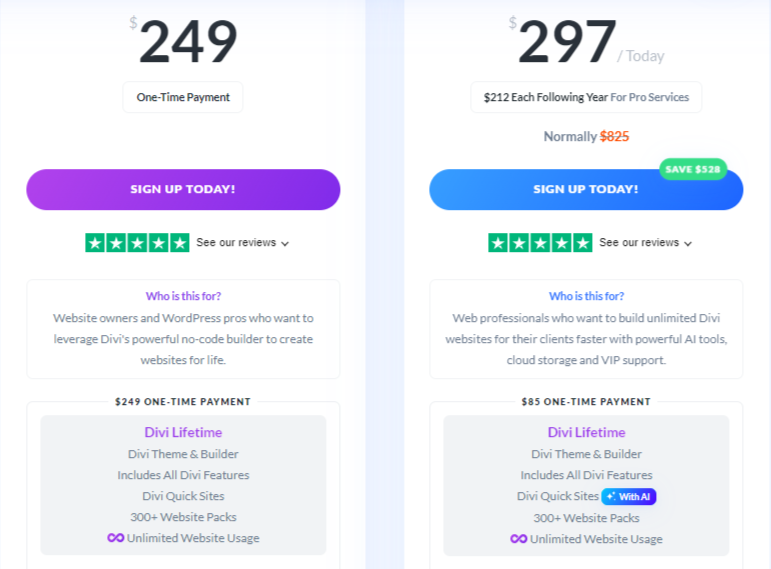 divi lifetime plan and divi lifetime + pro services plan