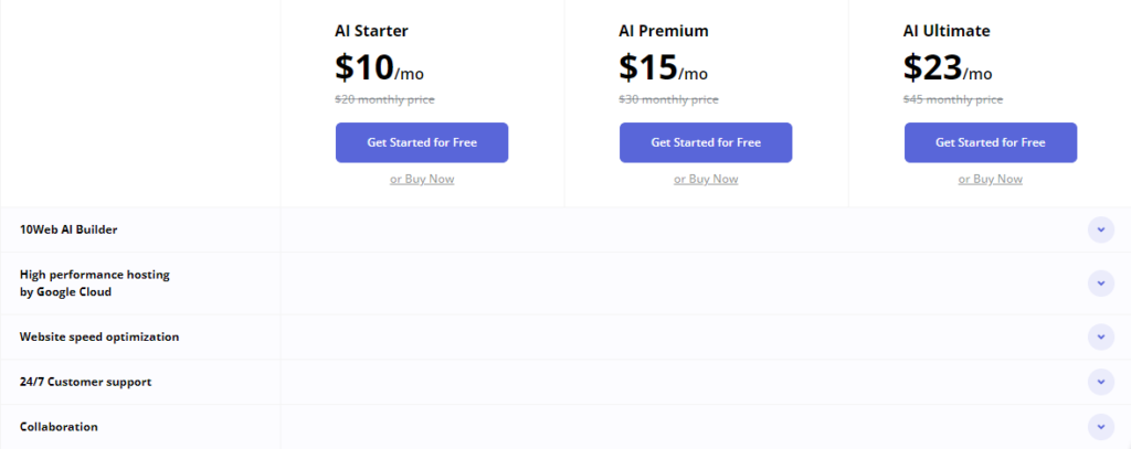 10web pricing table business plan