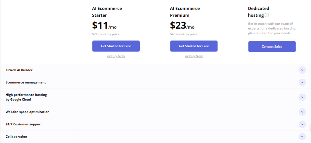 10web pricing table ecommerce plan