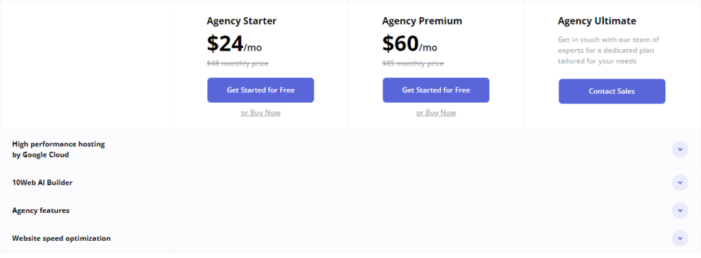 10web pricing table agency plan