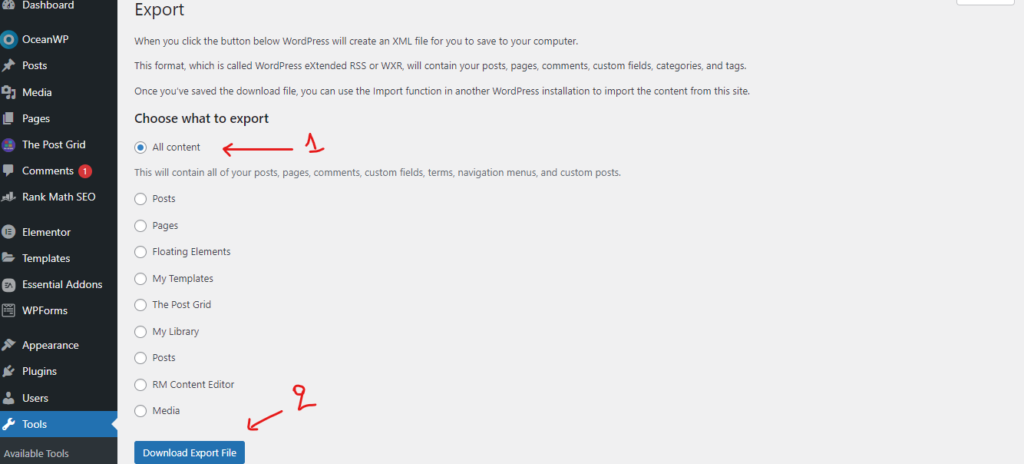 Export content from WordPress step 2
