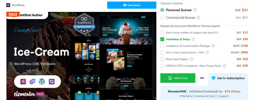 Creamy Bar - Ice Cream WordPress Elementor Theme Pricing from templatemonster
