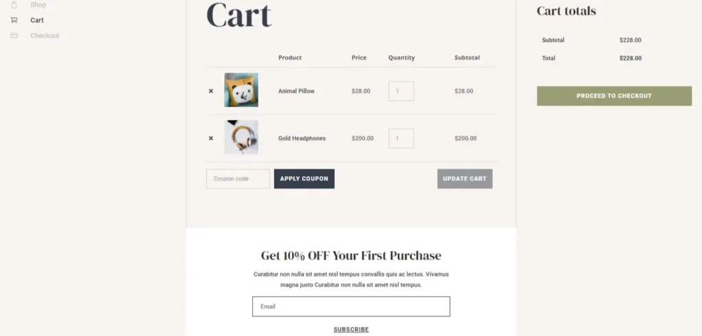 divi ecommrce cart page example