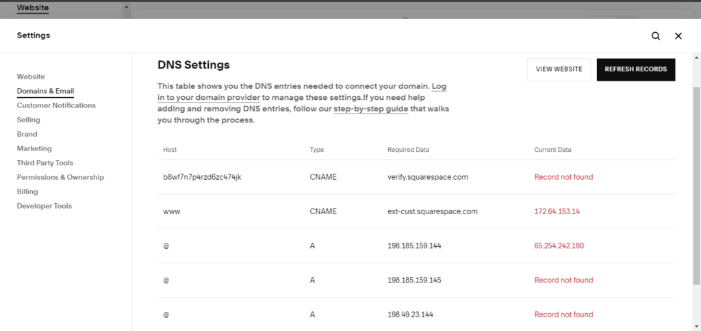 transfer domine to Squarespace website step 6