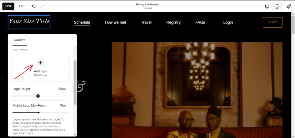 screenshot shows how to Add logo to squarespace site