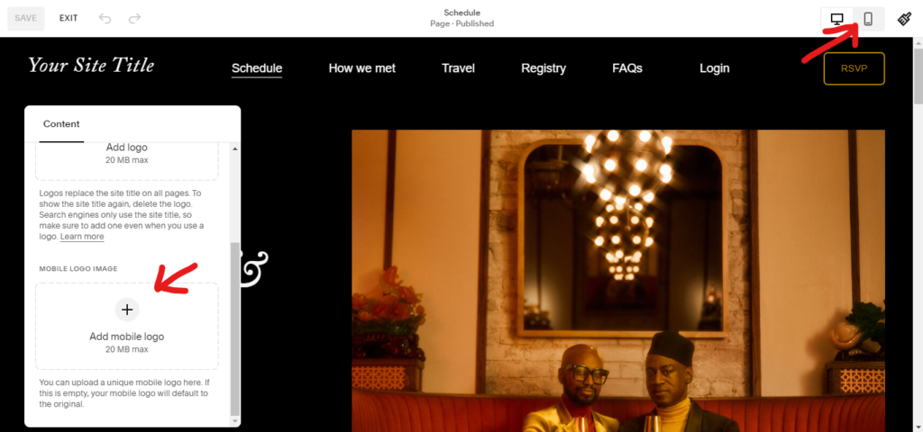 screenshot shows how to Add logo to squarespace site on mobile