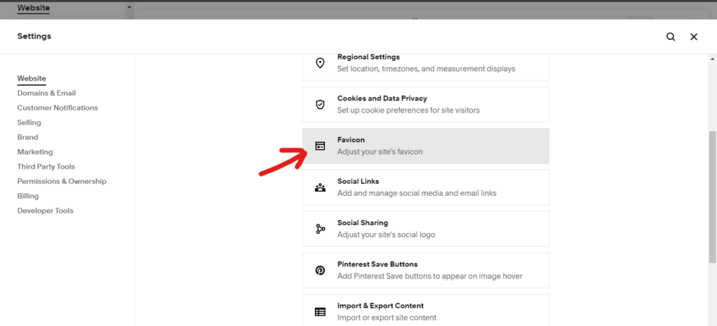 screenshot shows how to add favicon on squarespace step 1