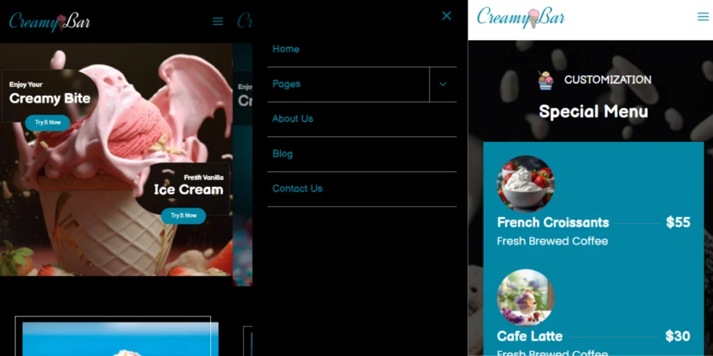 Creamy Bar - Ice Cream WordPress Elementor Theme images of mobile version templatemonster